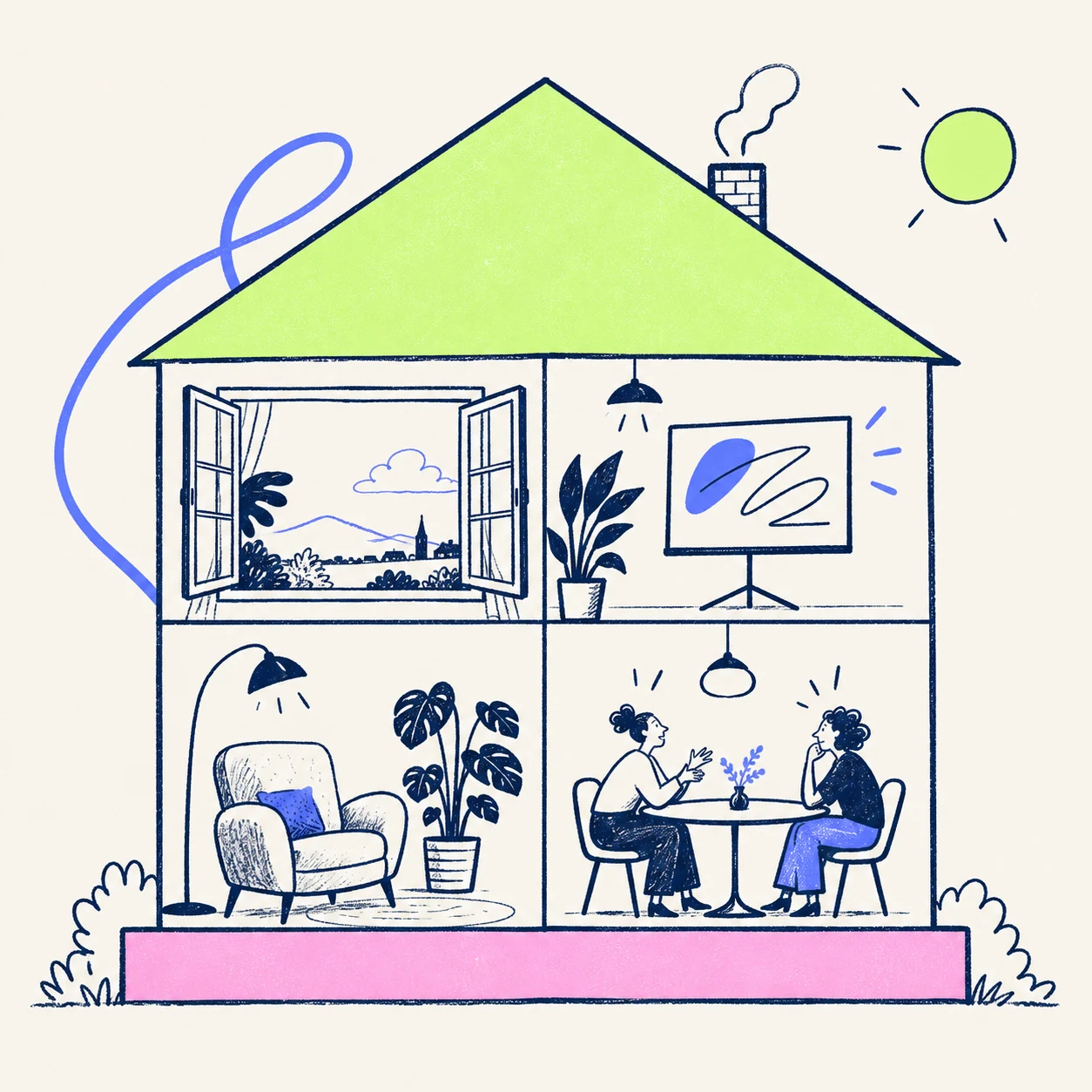 Een opengetekend huis met een groen dak, een raam, een scherm, een binnenkamer en mensen aan tafel, op een roze fundament.